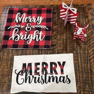 Christmas plaid pillows cases and metal gift lot